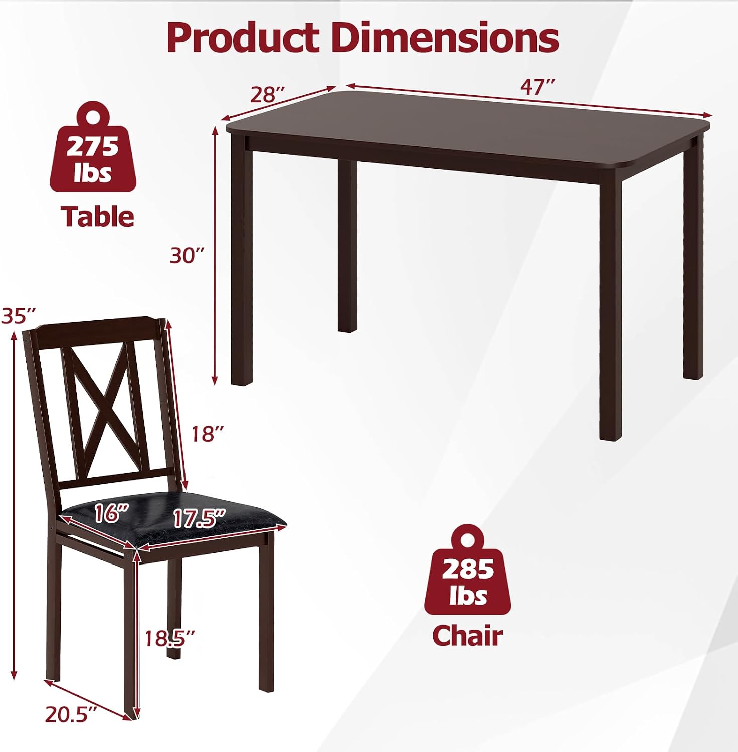 47 Inch Wood Dining Table Set for Four People