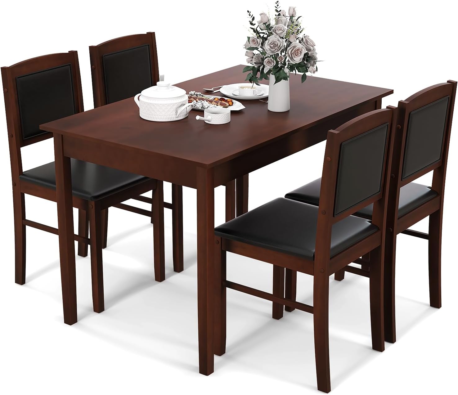 Farmhouse Wood Dining Set Four Upholstered Chairs