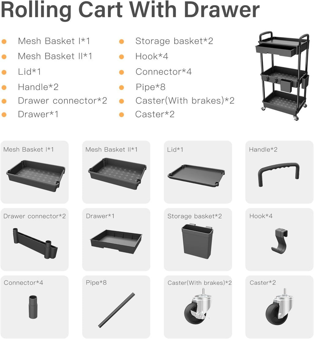 Three Tier Drawer Rolling Utility Storage Cart
