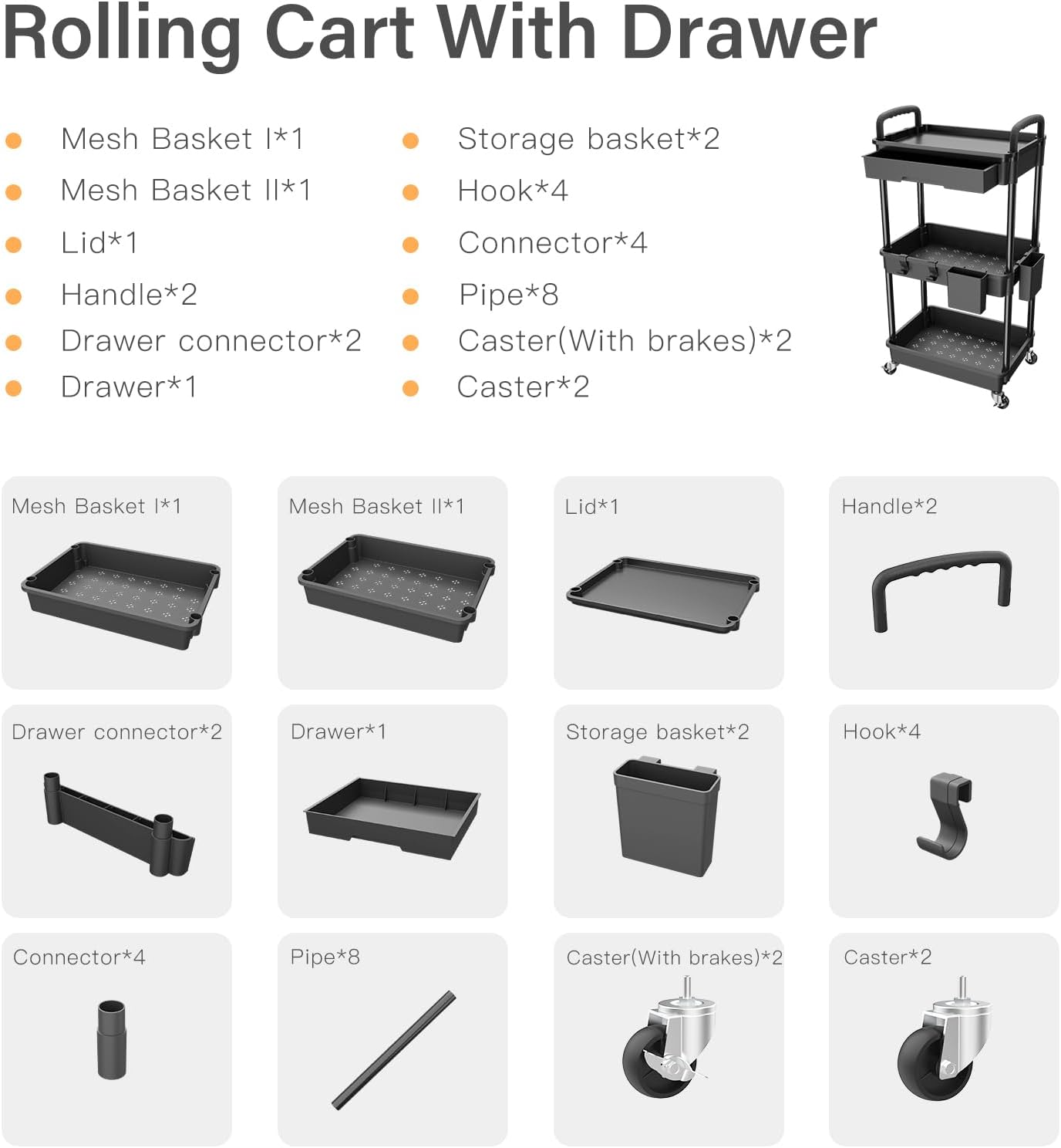 Three Tier Drawer Rolling Utility Storage Cart
