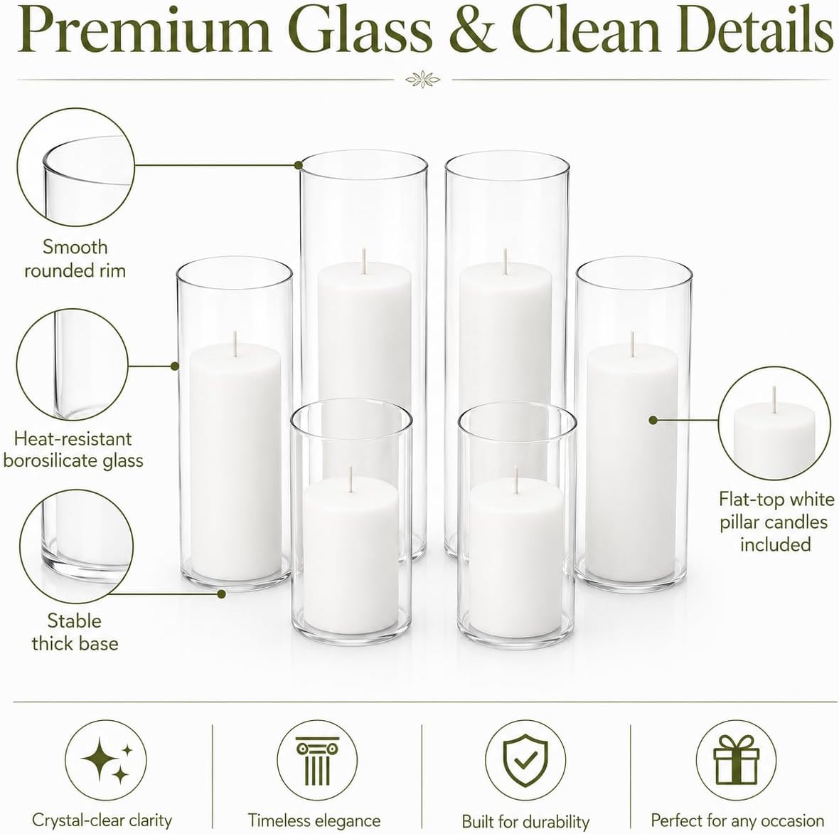 Glass Holders White Pillar Candle Set