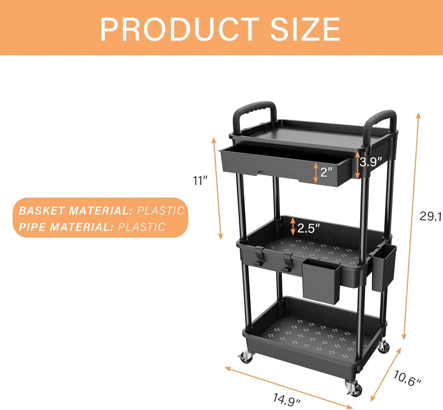 Three Tier Drawer Rolling Utility Storage Cart