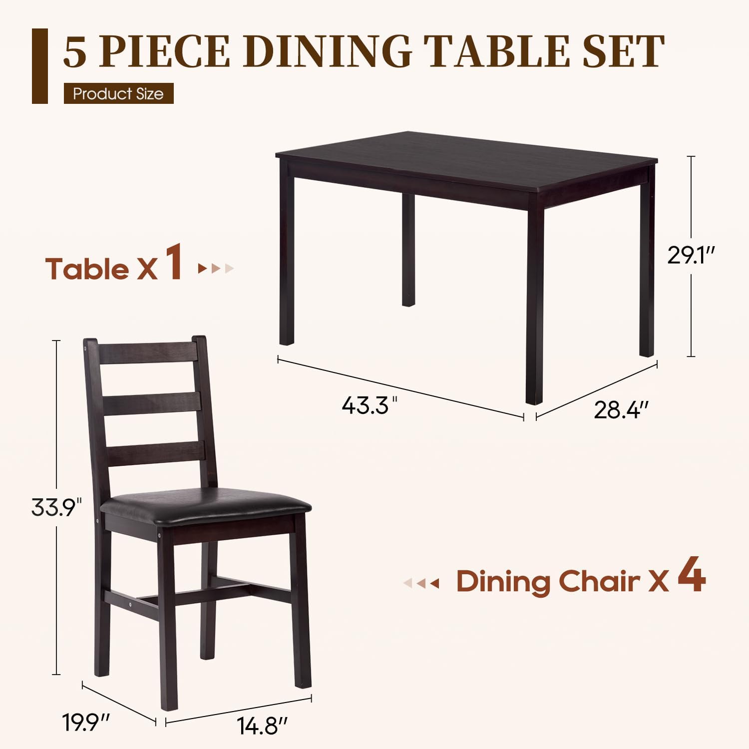 Space Saving Wood 5 Piece Dining Set For Four