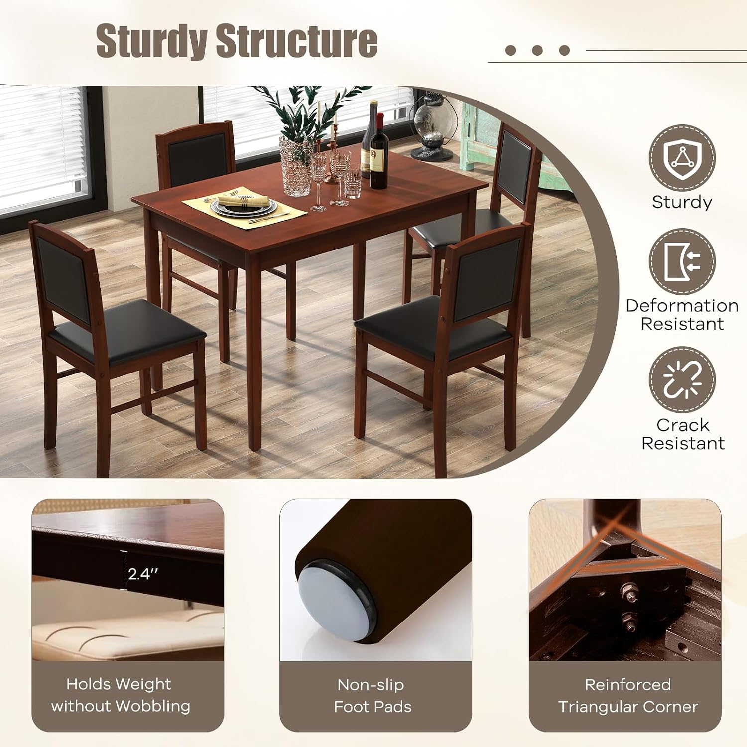 5 Piece Farmhouse Wood Dining Set Seats Four