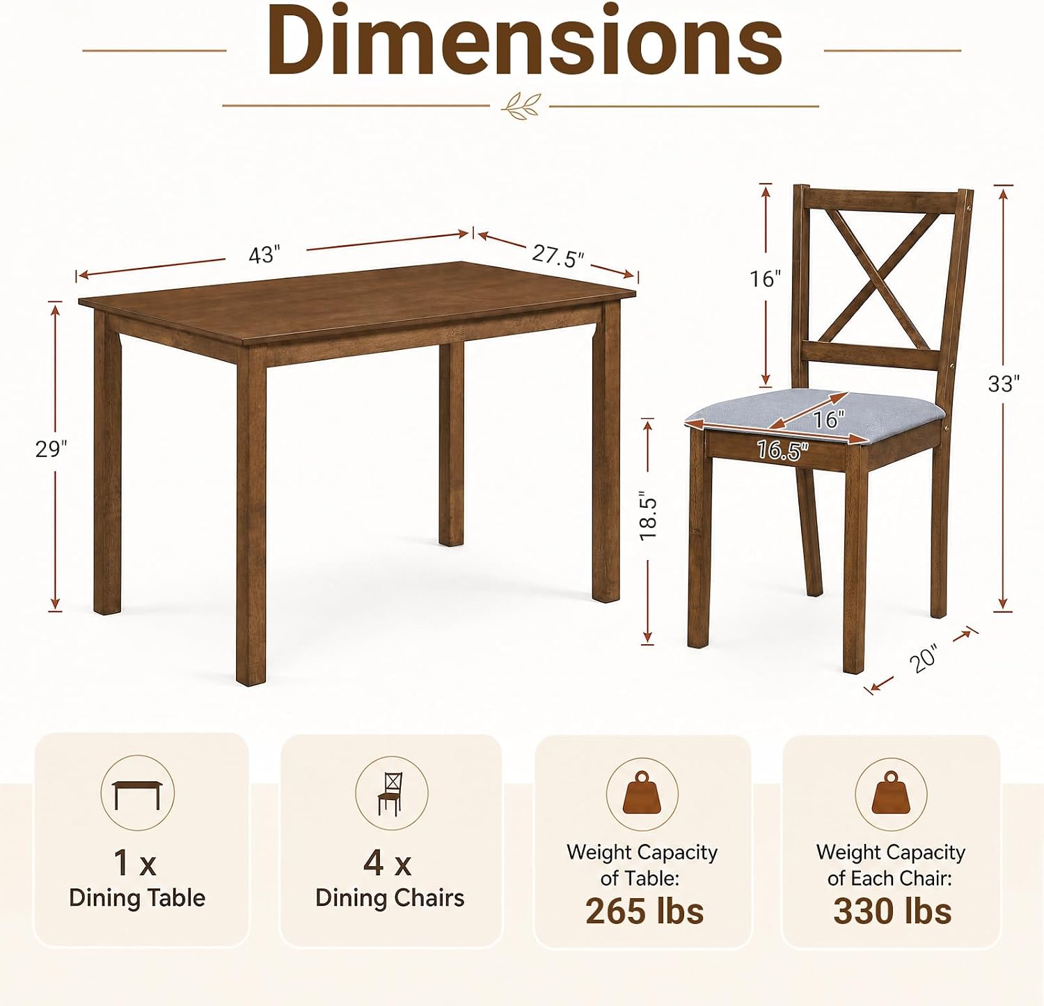 Space Saving Farmhouse Wood Dining Set for Four