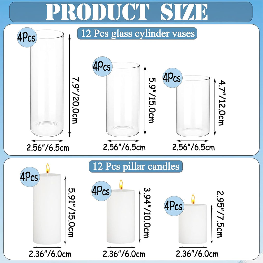 Glass Hurricane White Pillar Candle Set