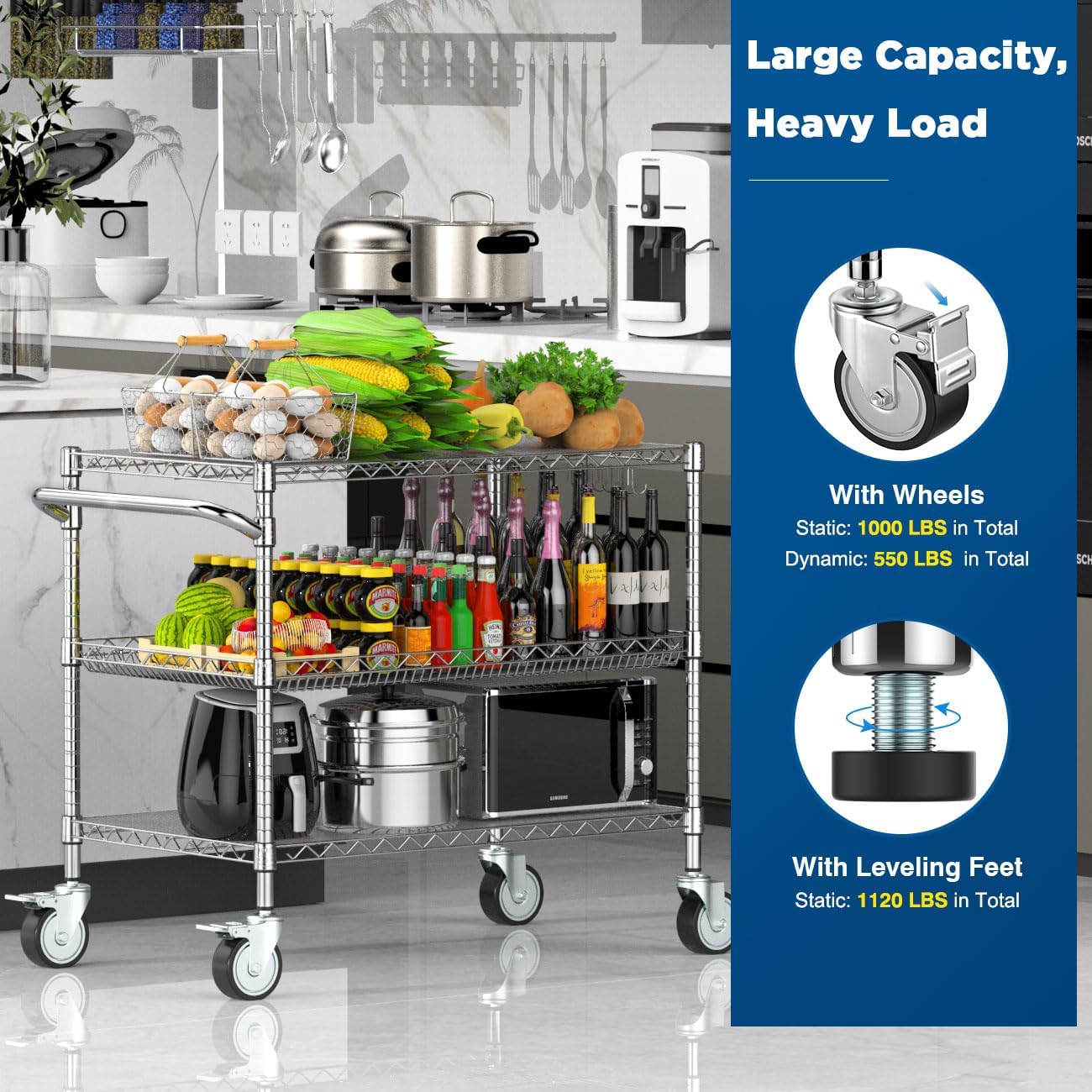 Three Tier Chrome Rolling Utility Service Cart
