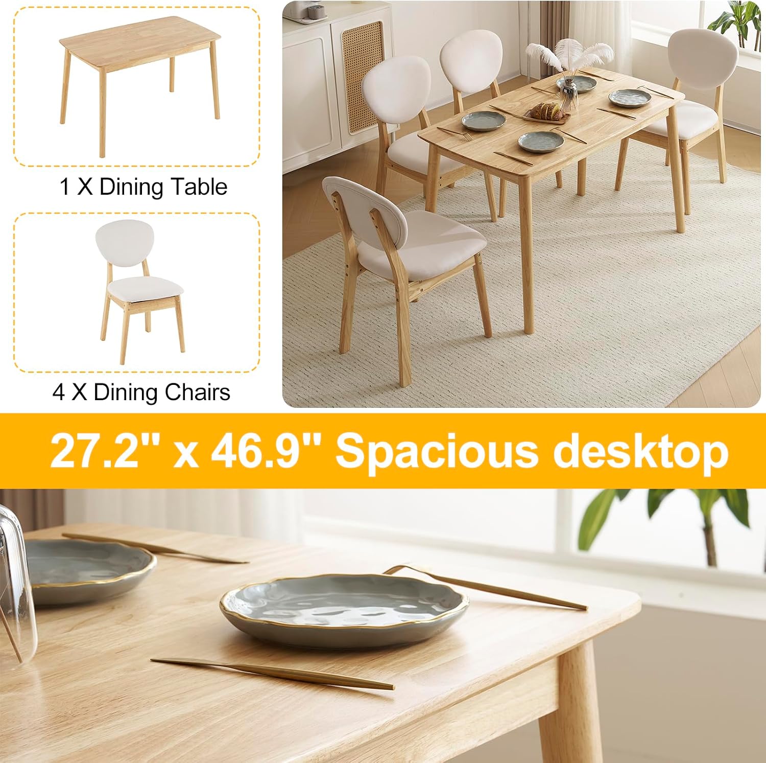 Mid Century 5 Piece Wood Dining Set Padded Seats