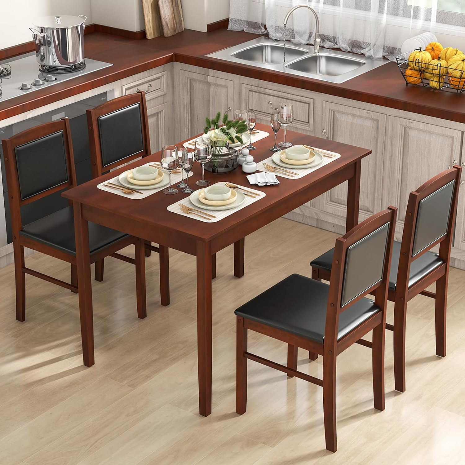 Farmhouse Wood Dining Set Four Upholstered Chairs