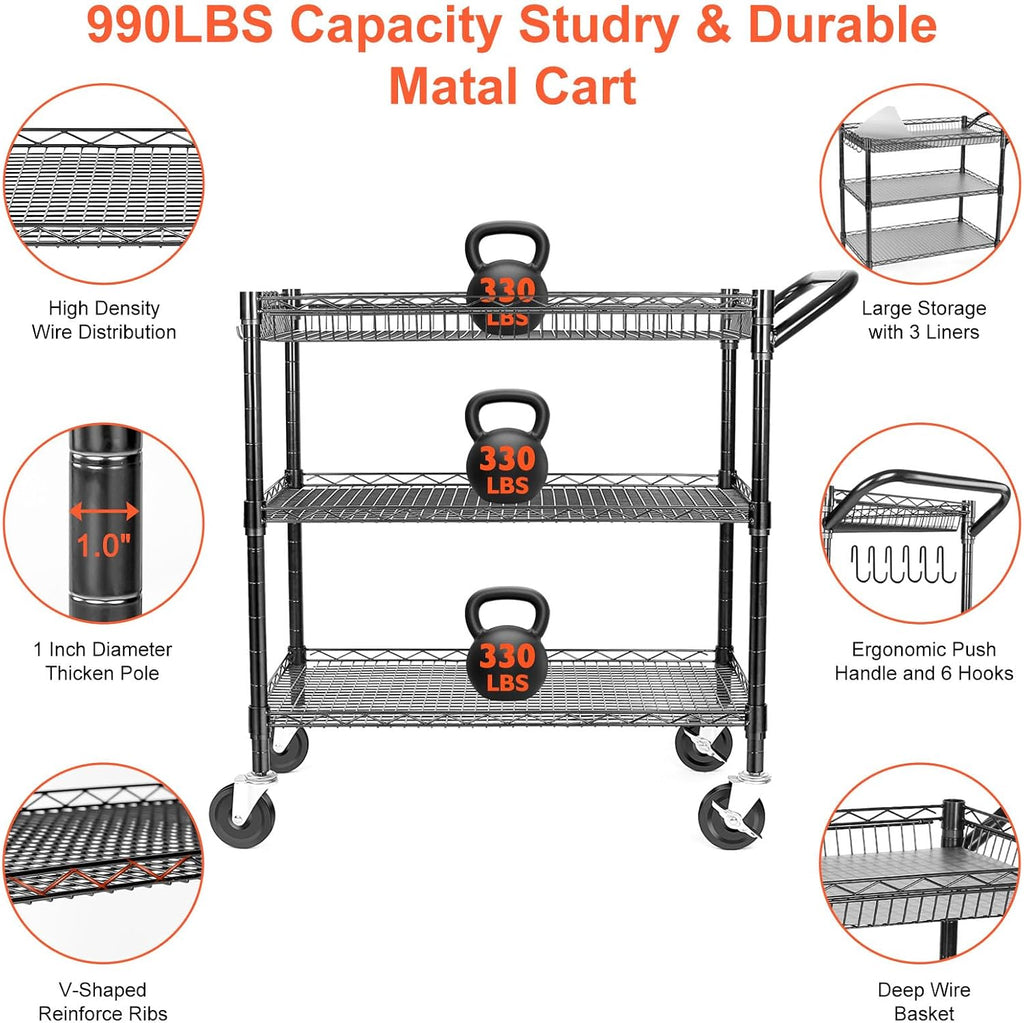 Three Tier Heavy Rolling Metal Utility Cart