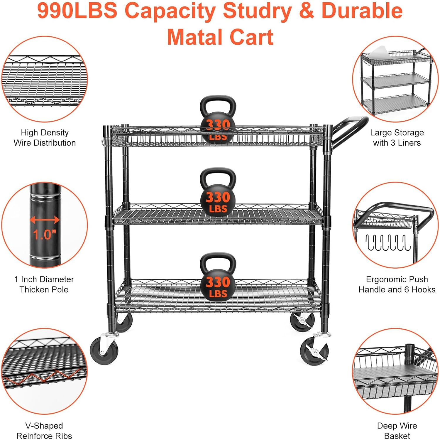 Three Tier Heavy Rolling Metal Utility Cart