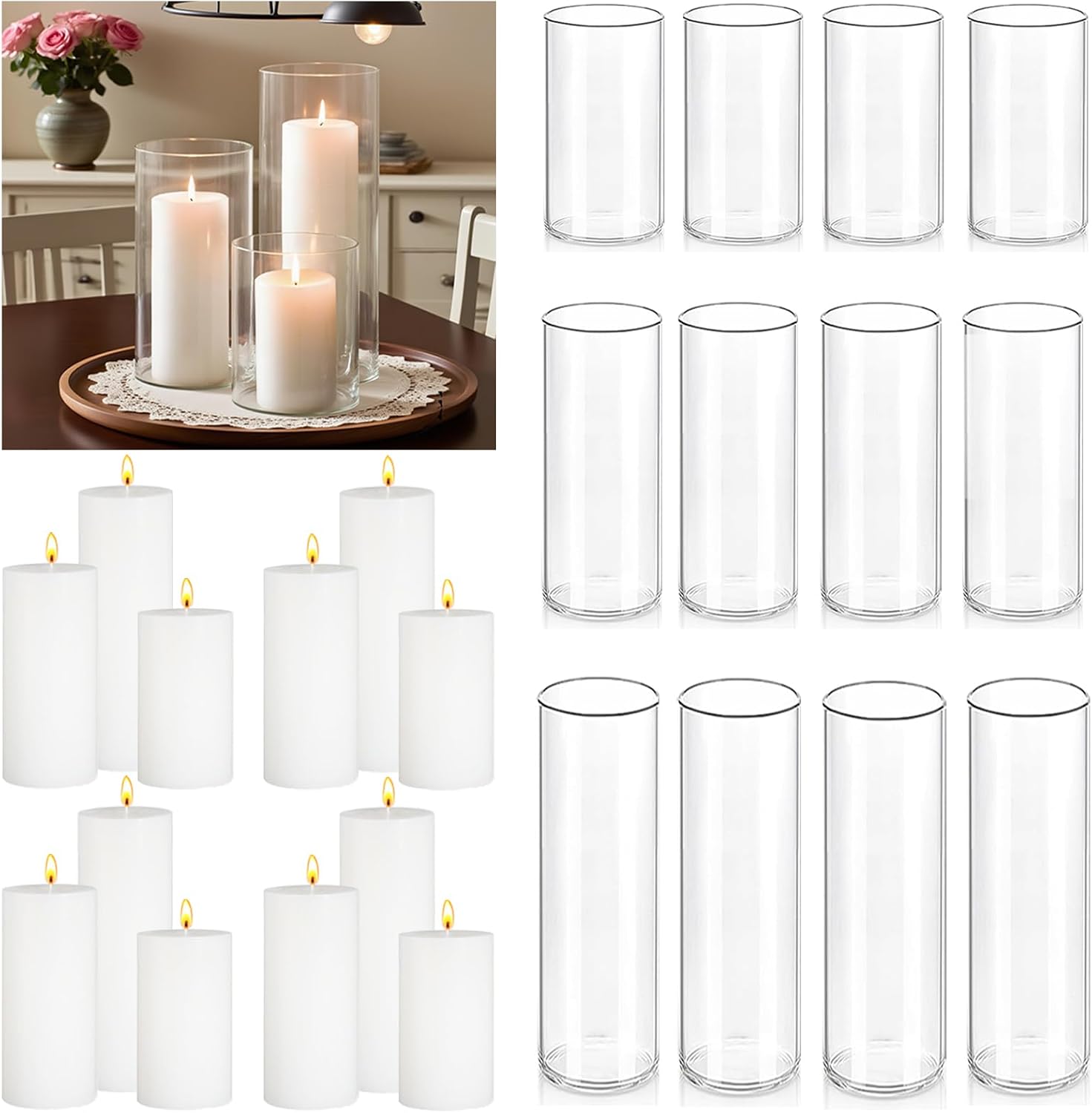 Glass Hurricane White Pillar Candle Set