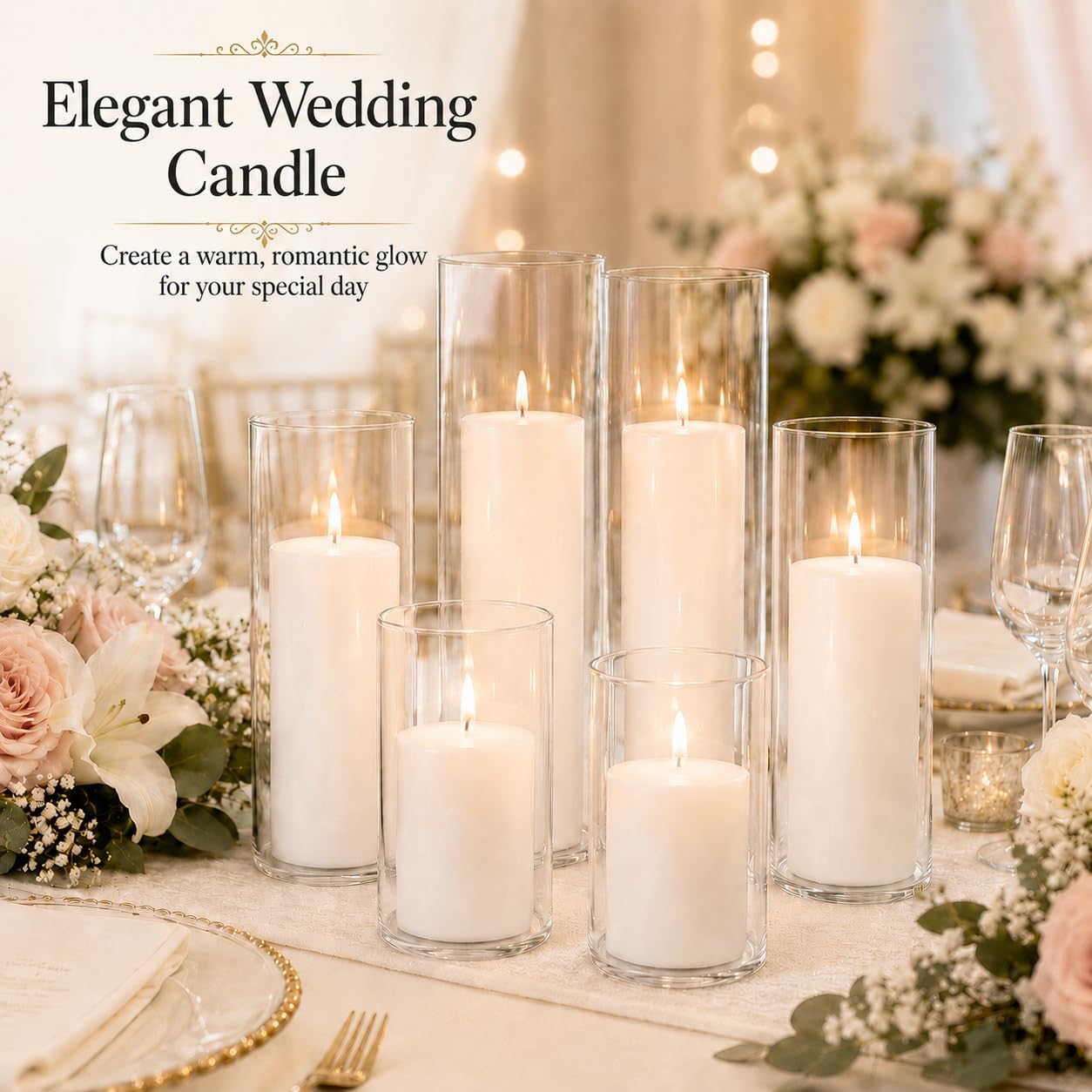 Glass Holders White Pillar Candle Set