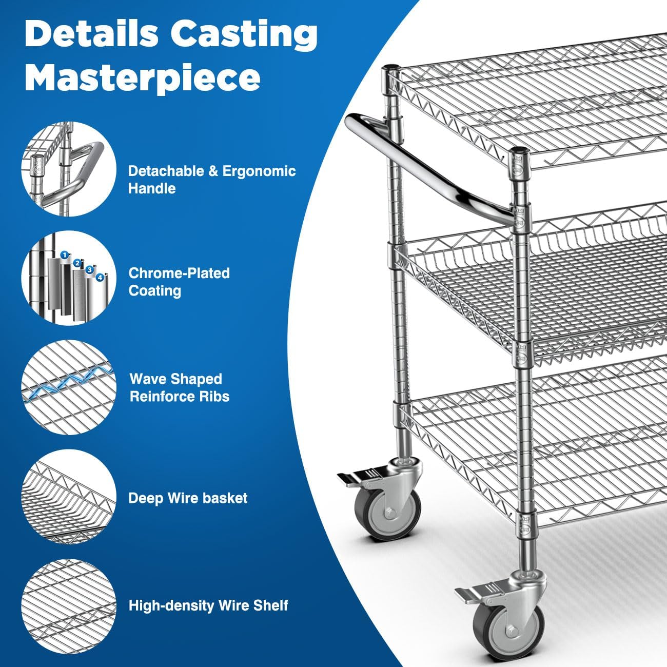 Three Tier Chrome Rolling Utility Service Cart