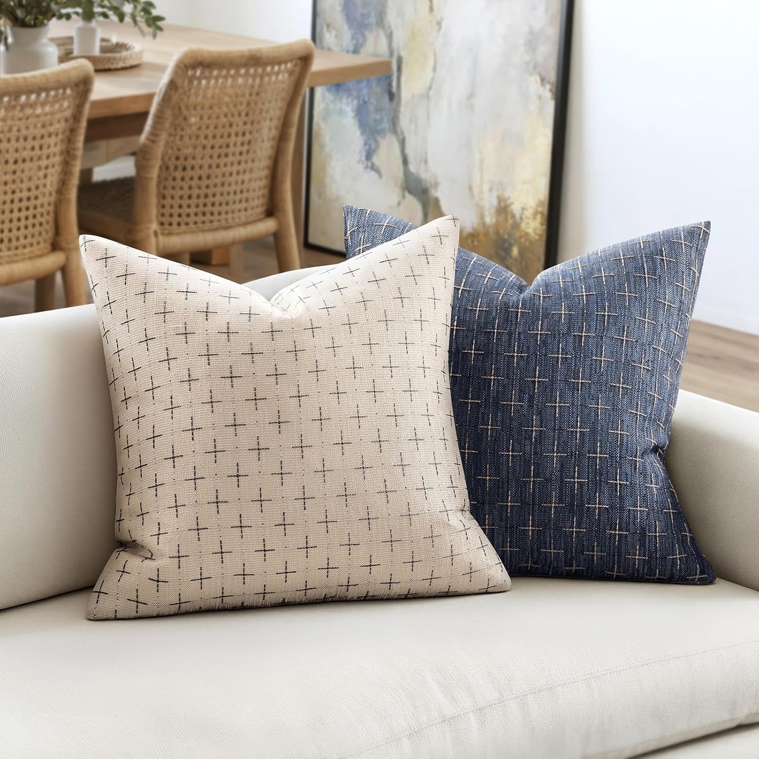 Blue Burlap Linen 20x20 Pillow Covers Set of 2