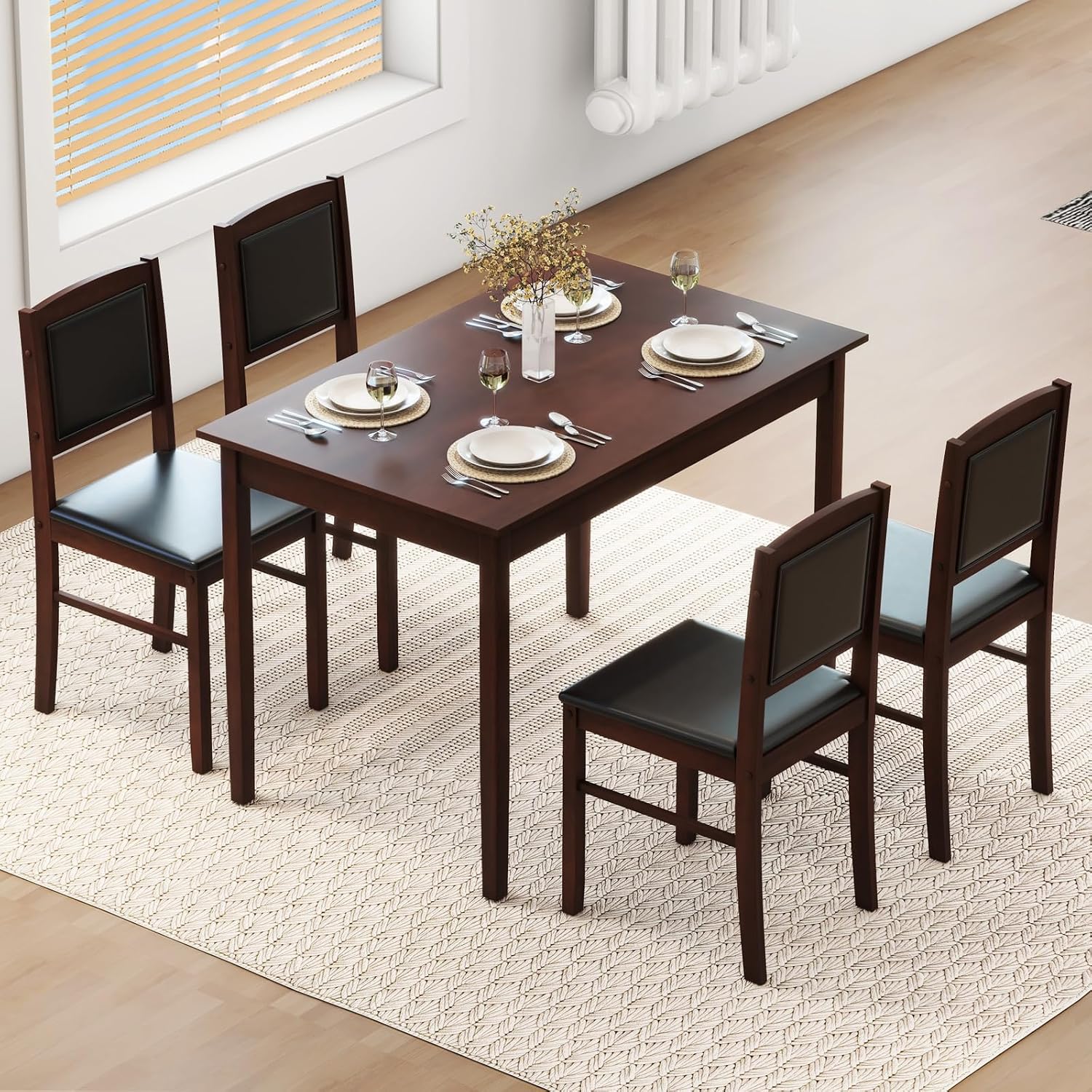 5 Piece Farmhouse Wood Dining Set Seats Four