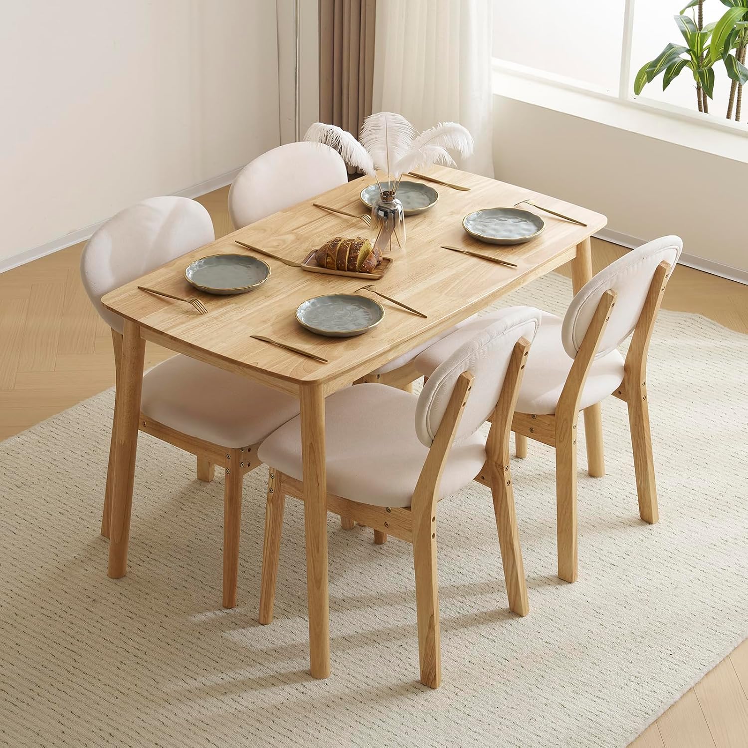 Mid Century 5 Piece Wood Dining Set Padded Seats