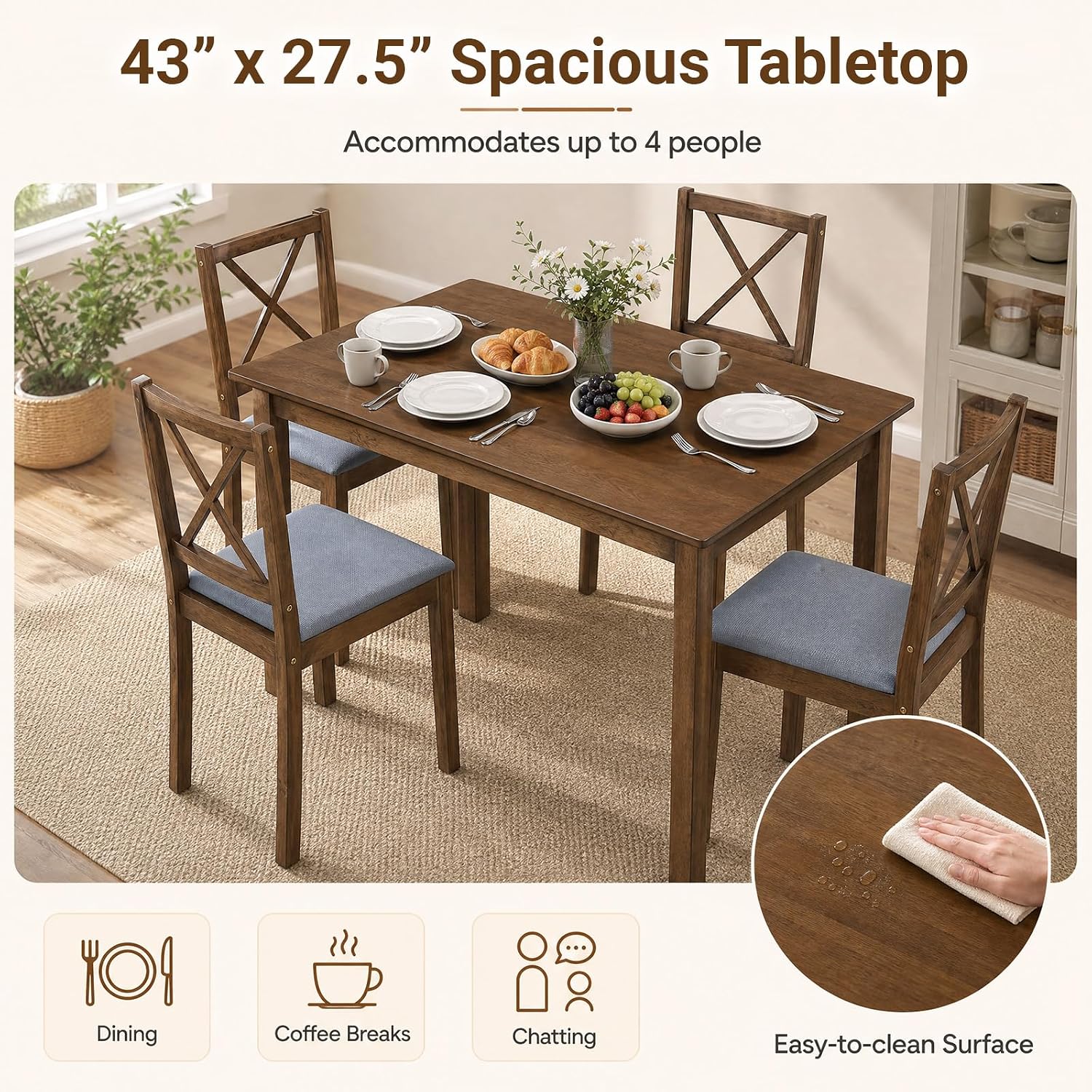 Space Saving Farmhouse Wood Dining Set for Four