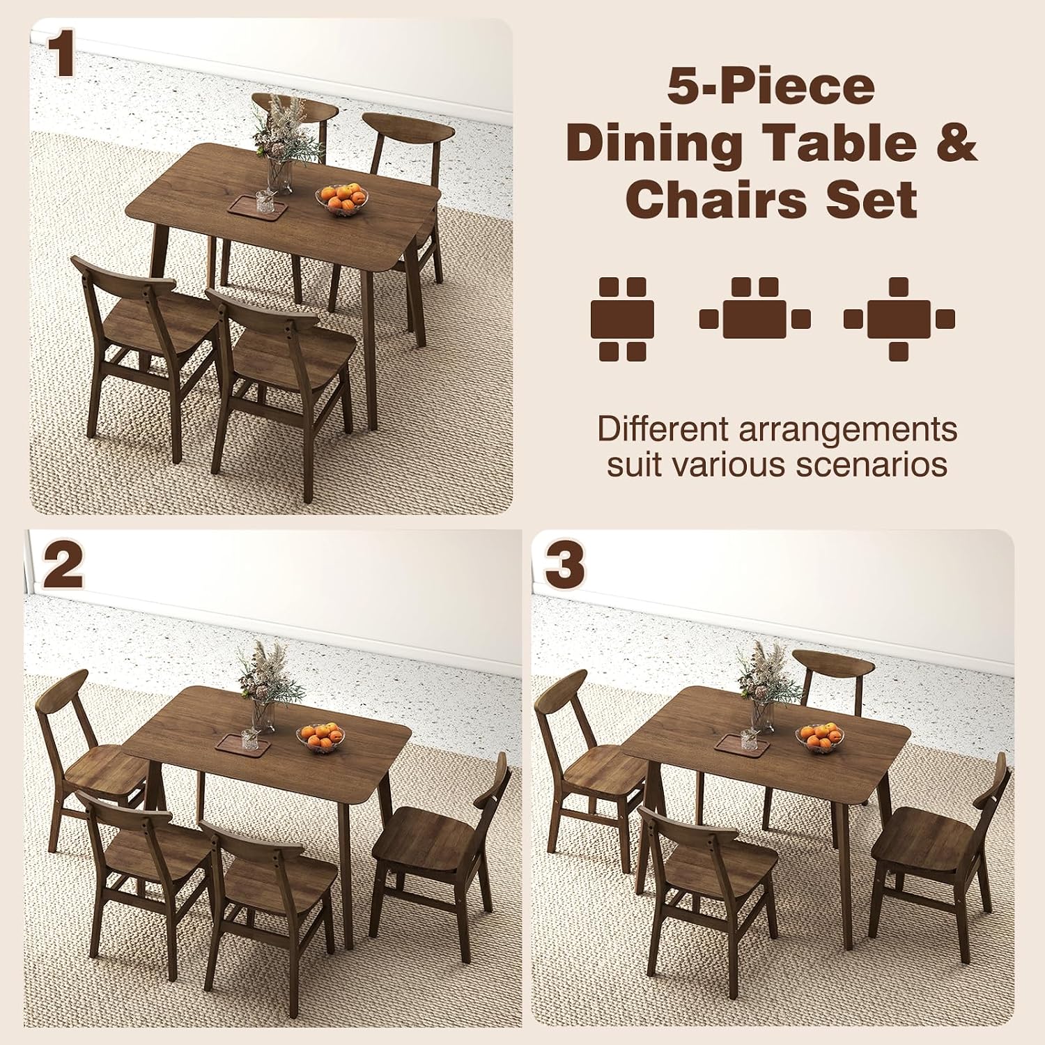 Mid Century Wood 5 Piece Dining Set For Four