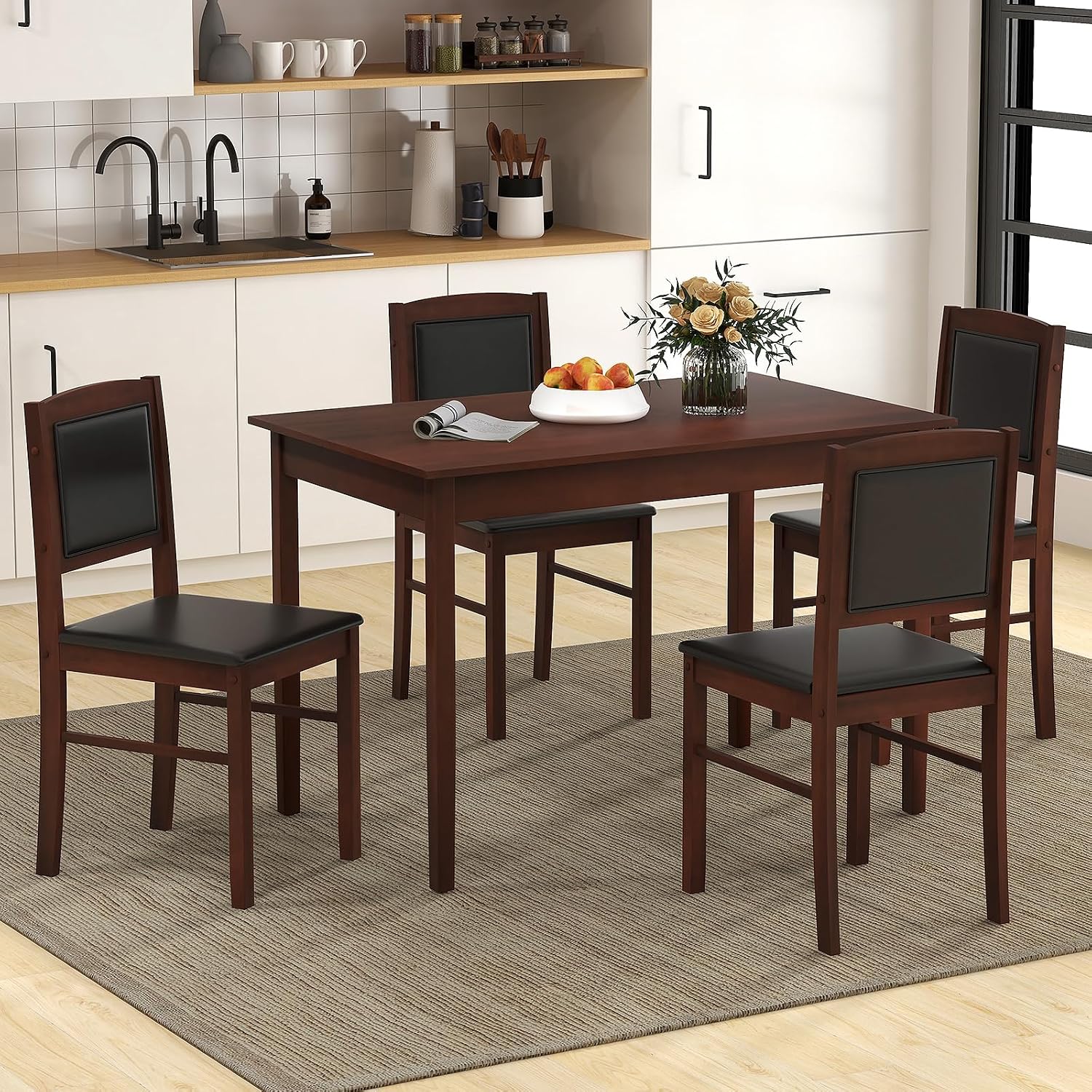 5 Piece Farmhouse Wood Dining Set Seats Four