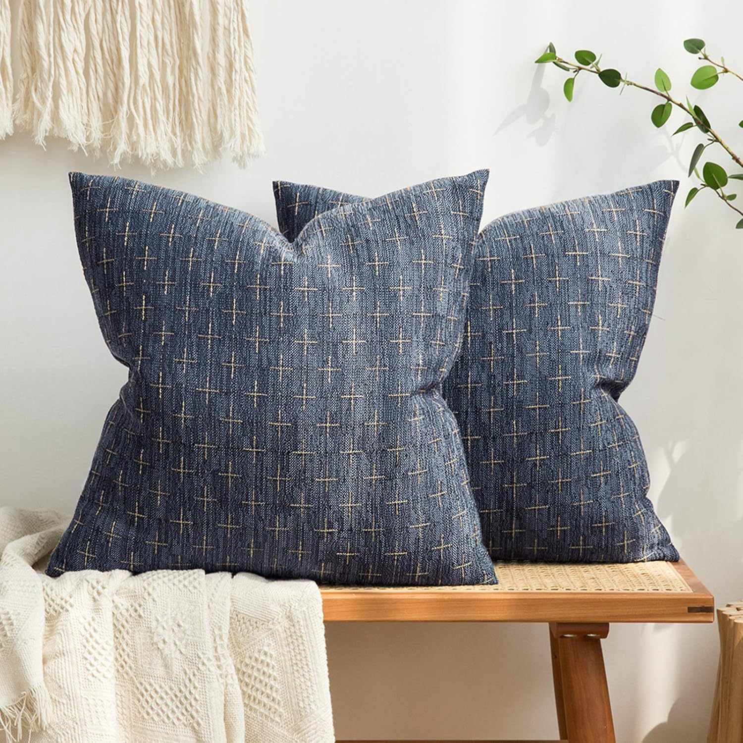 Blue Burlap Linen 20x20 Pillow Covers Set of 2