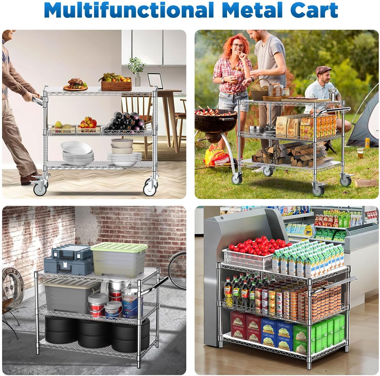 Three Tier Chrome Rolling Utility Service Cart