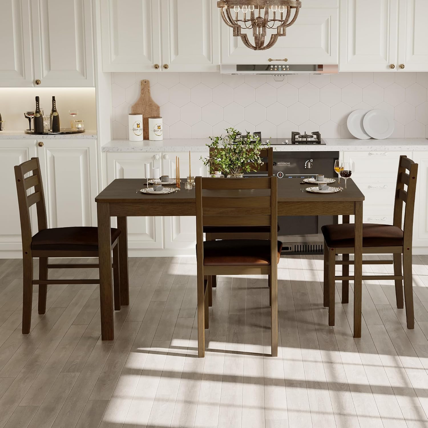 5 Piece Wood Dining Set With PU Cushioned Chairs