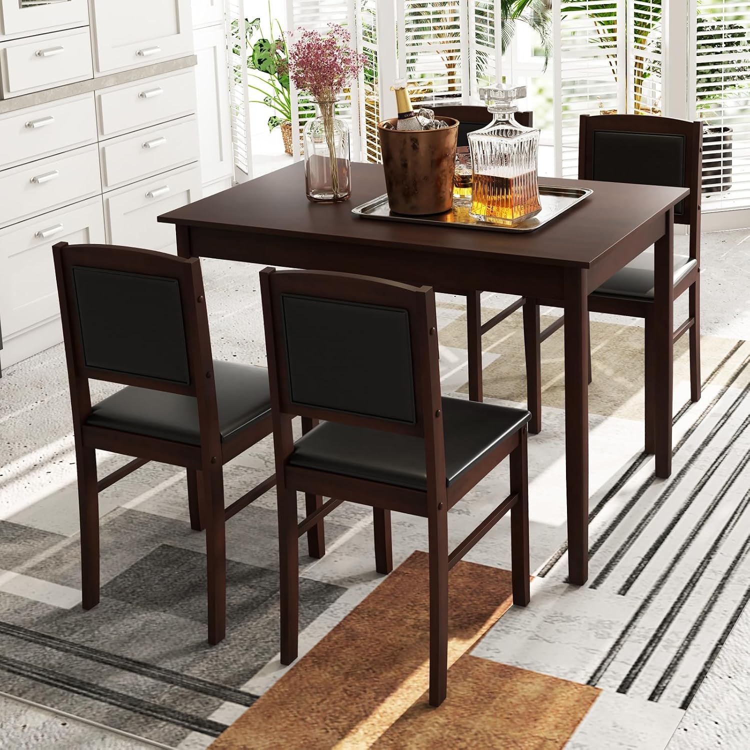 Farmhouse Wood Dining Set Four Upholstered Chairs
