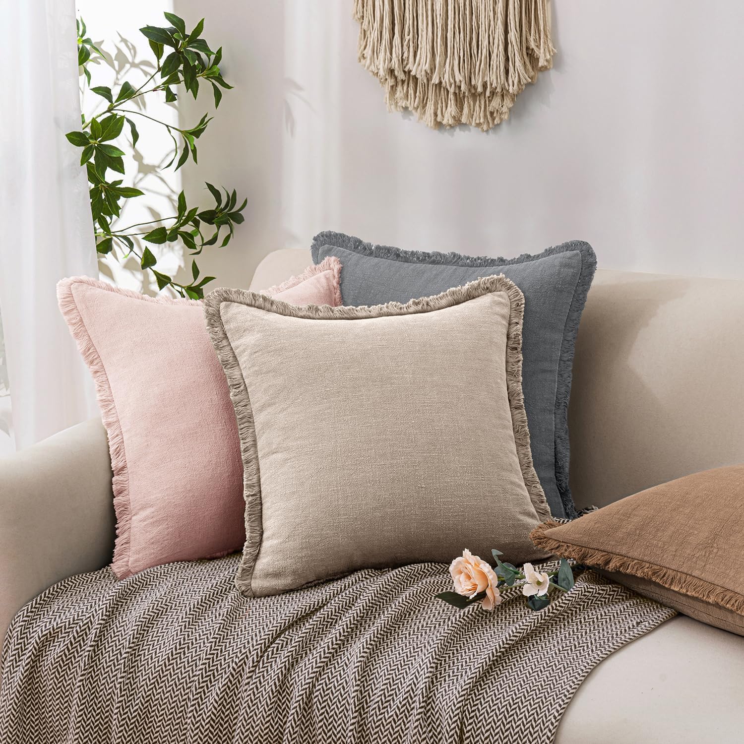 Boho Tassel Linen Throw Pillow Covers 2 Pack