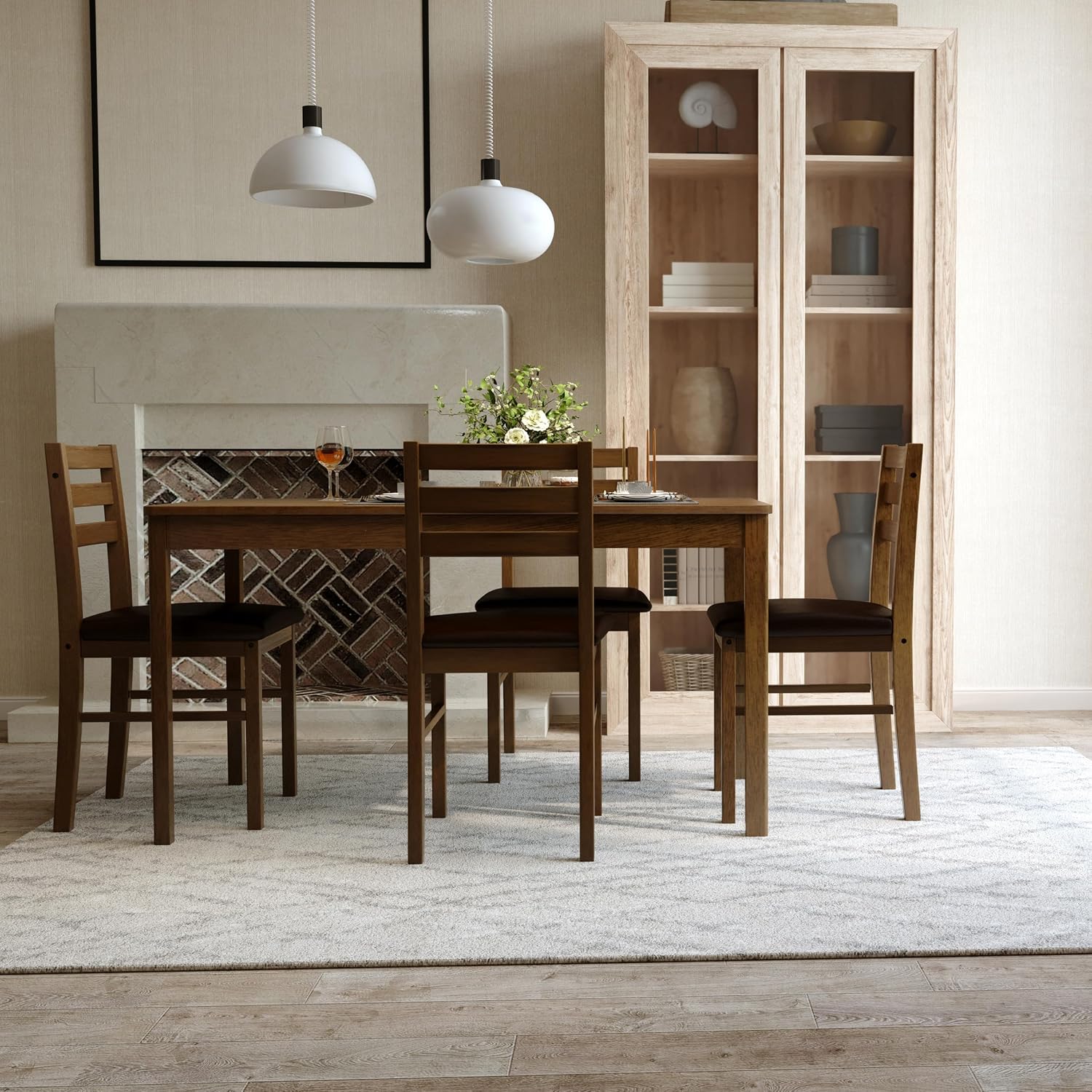 5 Piece Wood Dining Set With PU Cushioned Chairs