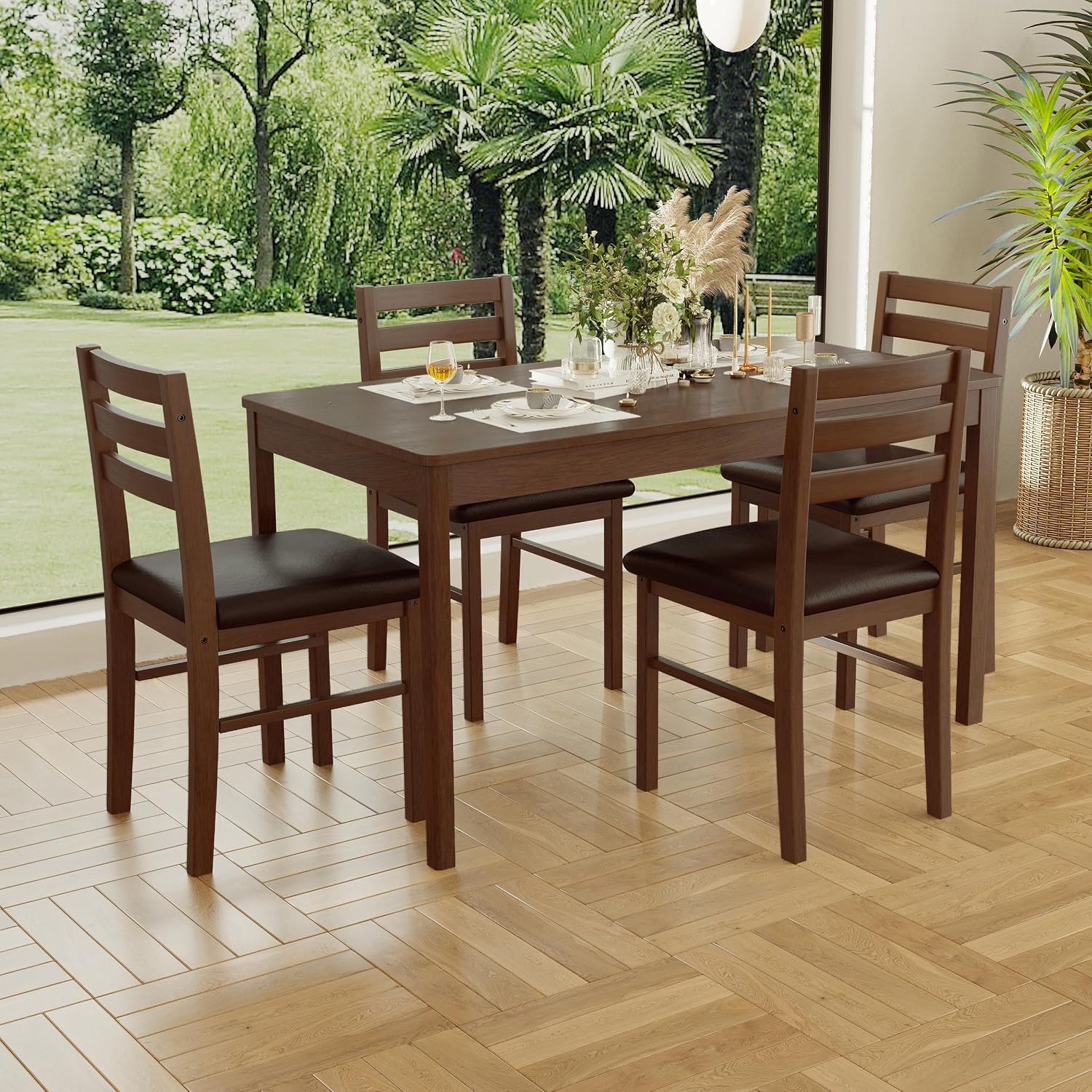 5 Piece Wood Dining Set With PU Cushioned Chairs