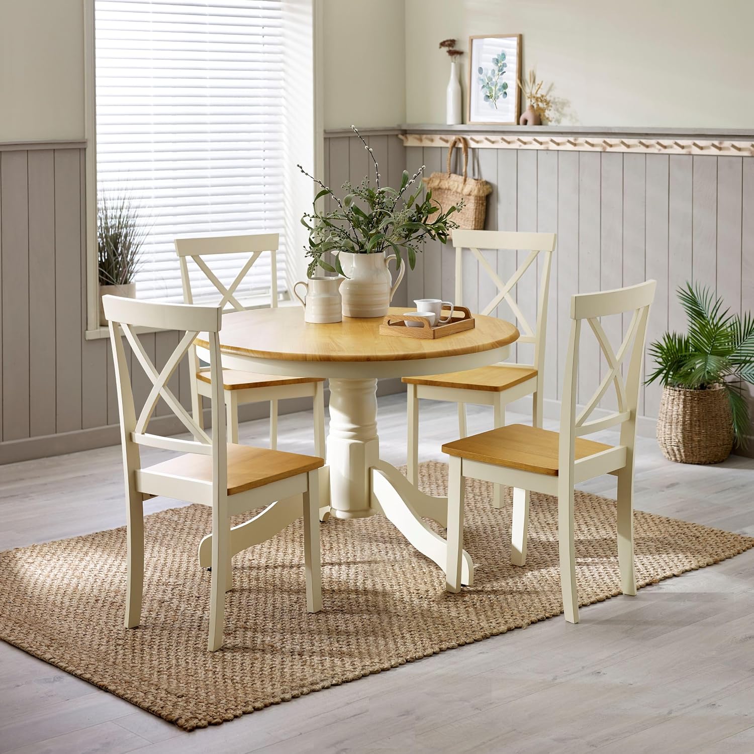 Round Wooden Dining Set Four Cross Back Chairs